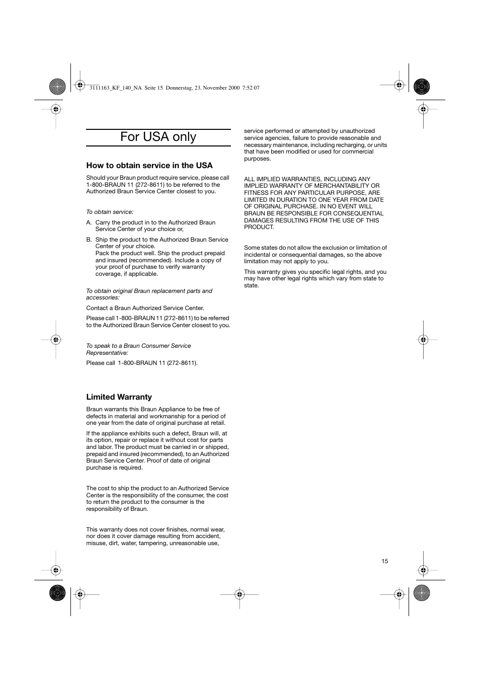 For usa only | Braun KF 145 User Manual | Page 15 / 18