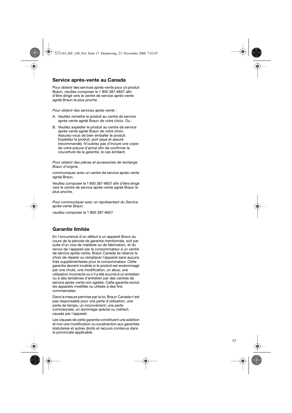 Service après-vente au canada, Garantie limitée | Braun KF 145 User Manual | Page 17 / 18