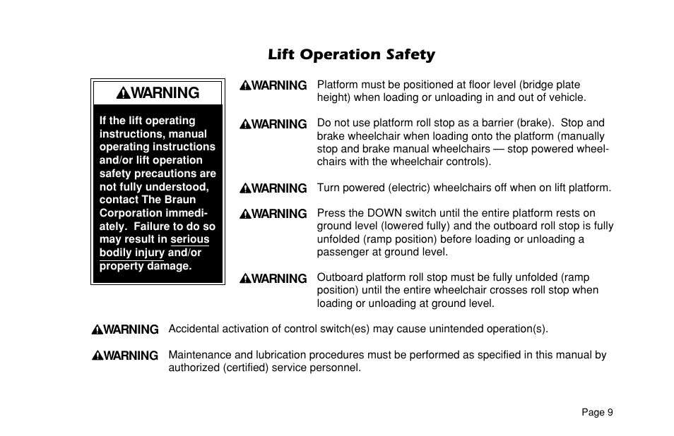 Lift operation safety, Warning | Braun VL955 User Manual | Page 11 / 40