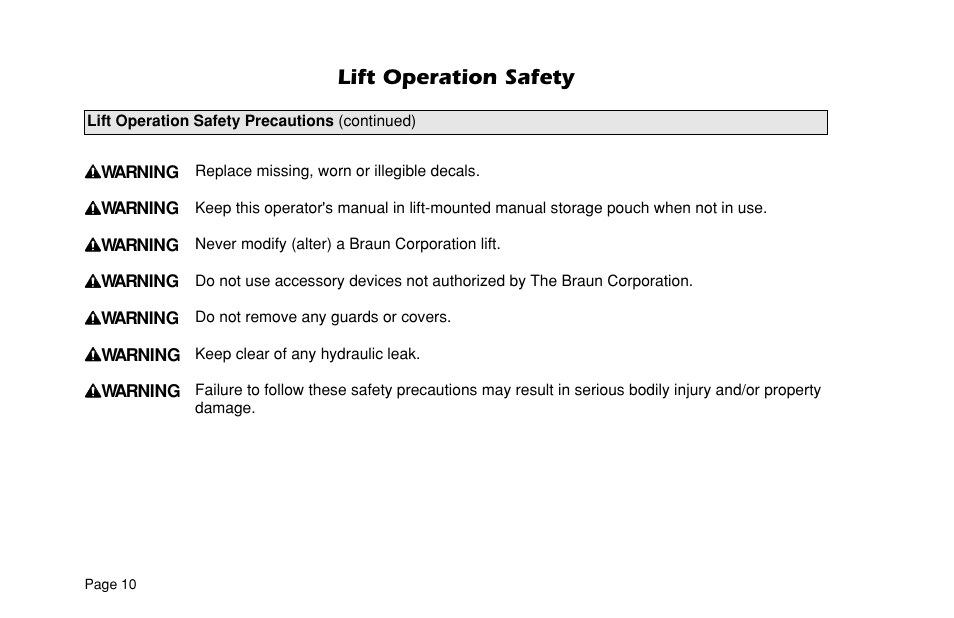 Lift operation safety | Braun VL955 User Manual | Page 12 / 40