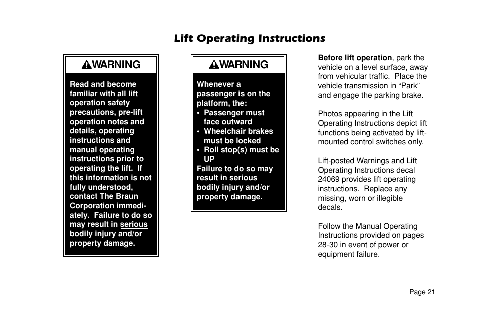 Lift operating instructions warning, Warning | Braun VL955 User Manual | Page 23 / 40