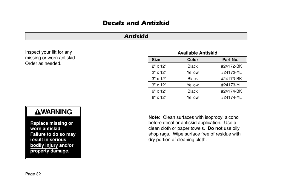 Warning, Decals and antiskid, Antiskid | Braun VL955 User Manual | Page 34 / 40