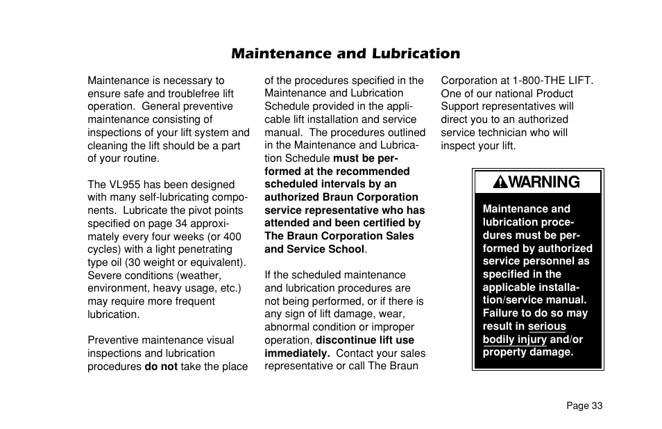 Warning, Maintenance and lubrication | Braun VL955 User Manual | Page 35 / 40