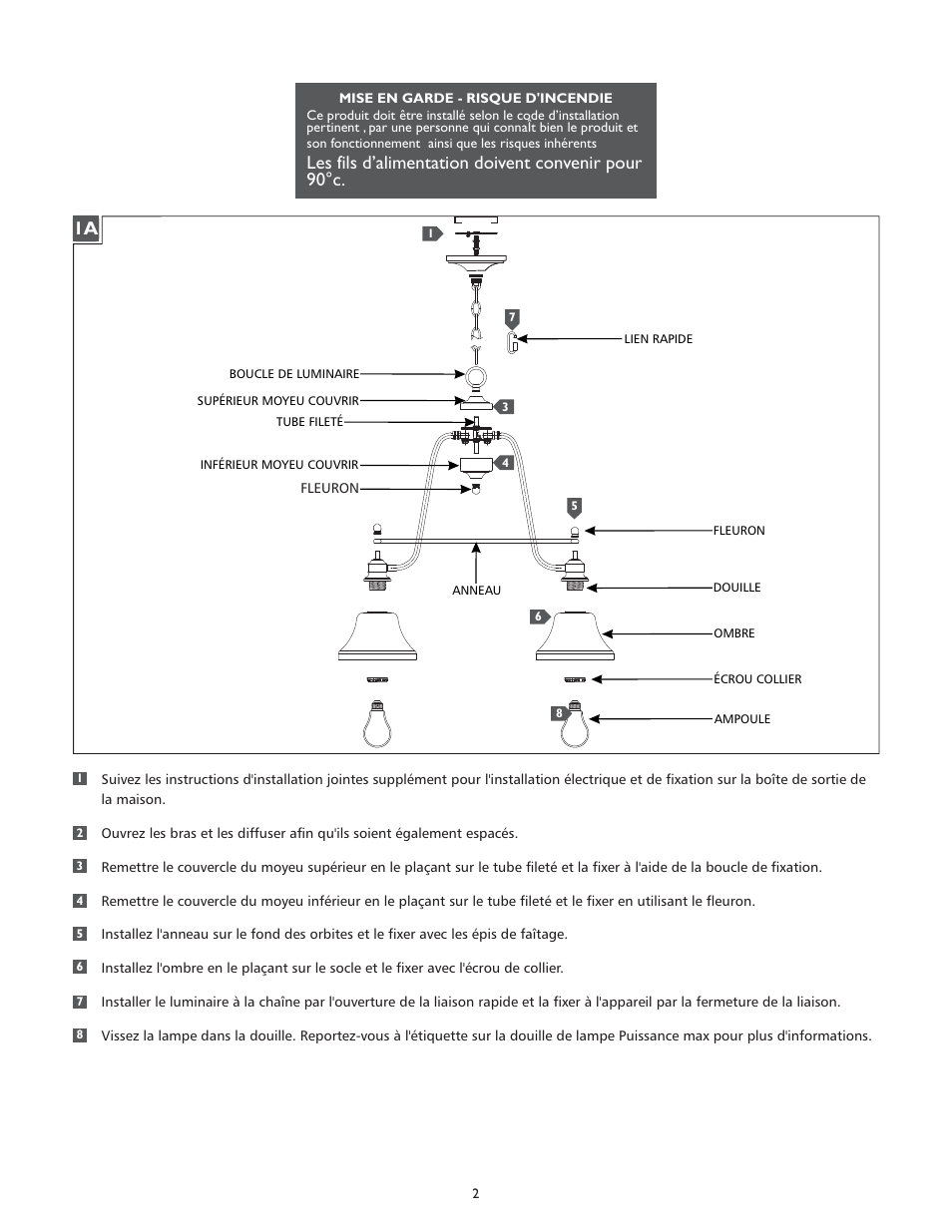 Les fils d’alimentation doivent convenir pour 90°c | Feiss F2821-5 User Manual | Page 2 / 4