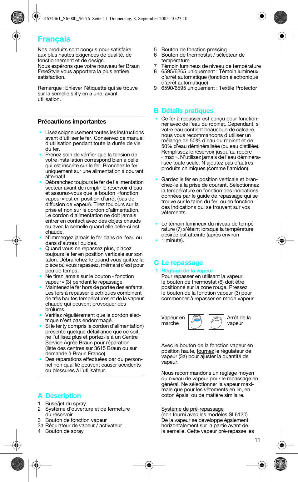 Français, A description, B détails pratiques | C le repassage | Braun FREESTYLE SI 6560 User Manual | Page 11 / 73