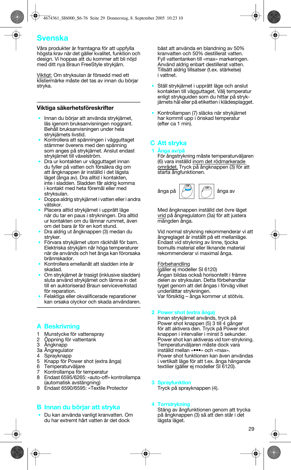 Svenska, A beskrivning, B innan du börjar att stryka | C att stryka | Braun FREESTYLE SI 6560 User Manual | Page 29 / 73