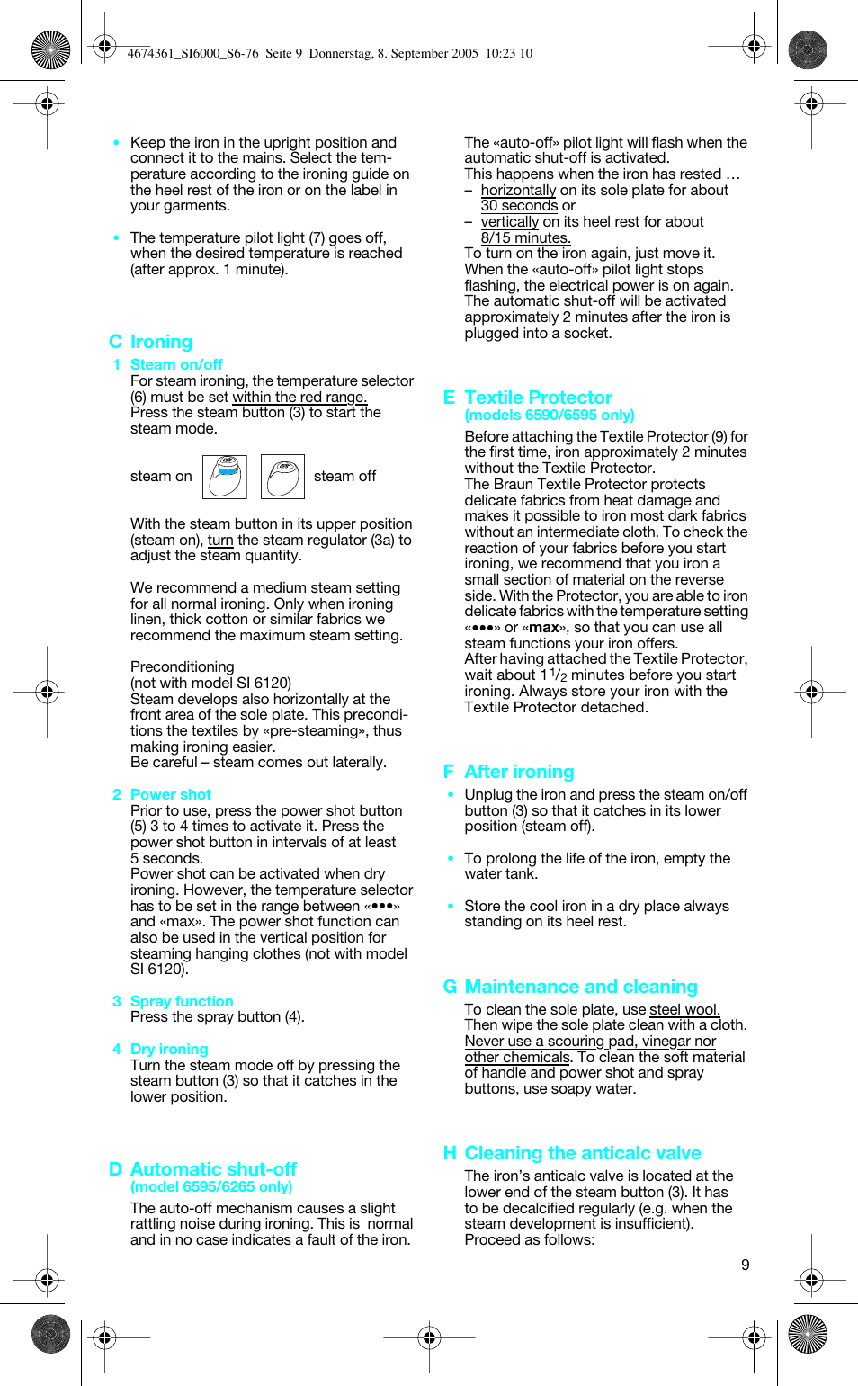 C ironing, D automatic shut-off, E textile protector | F after ironing, G maintenance and cleaning, H cleaning the anticalc valve | Braun FREESTYLE SI 6560 User Manual | Page 9 / 73