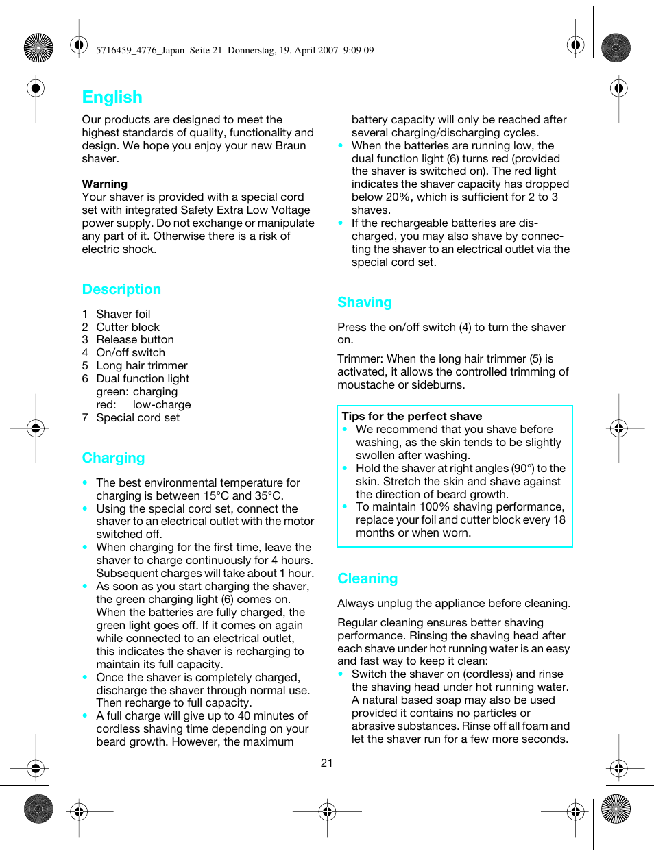 English, Description, Charging | Shaving, Cleaning | Braun 4776  EN User Manual | Page 21 / 24