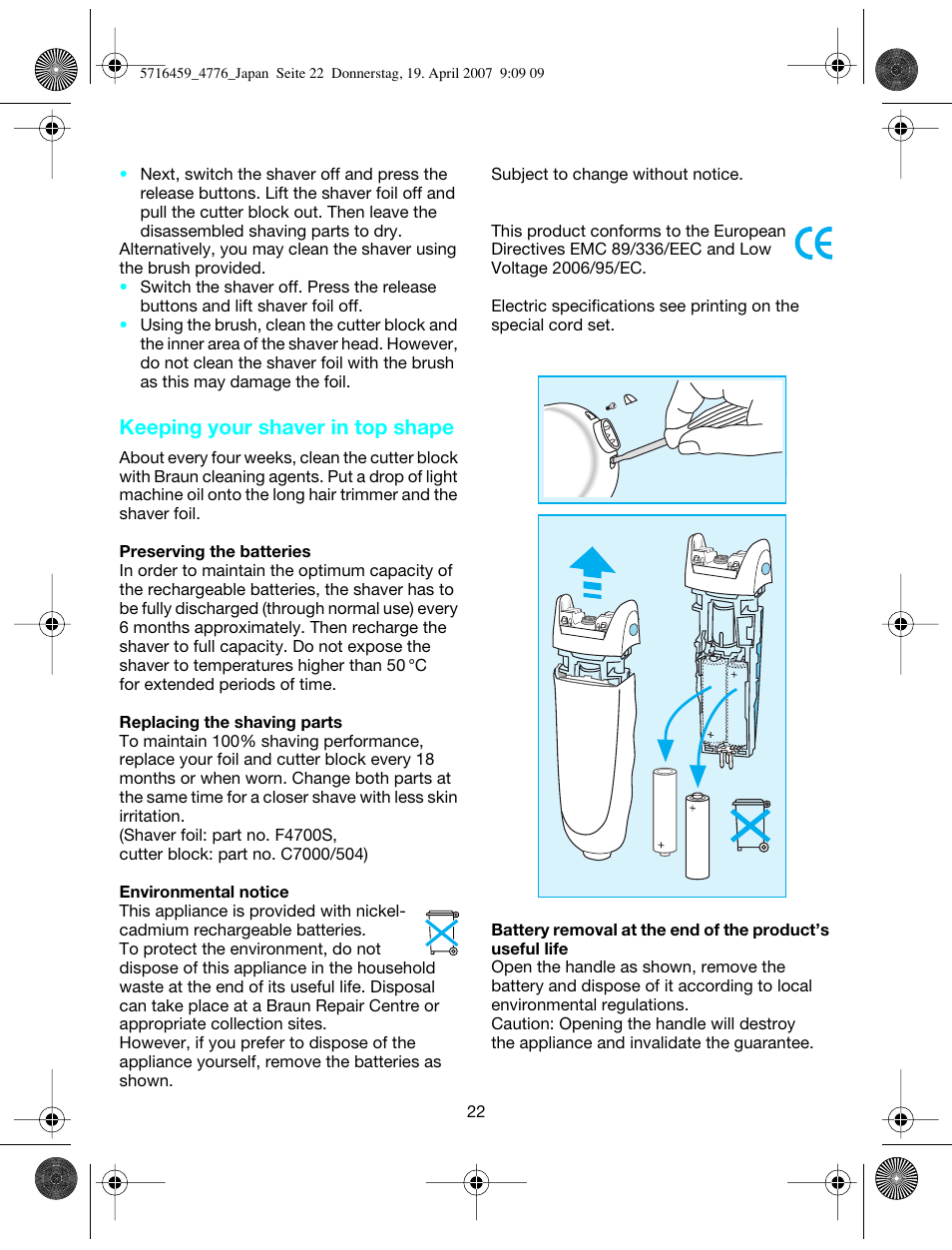 Keeping your shaver in top shape | Braun 4776  EN User Manual | Page 22 / 24