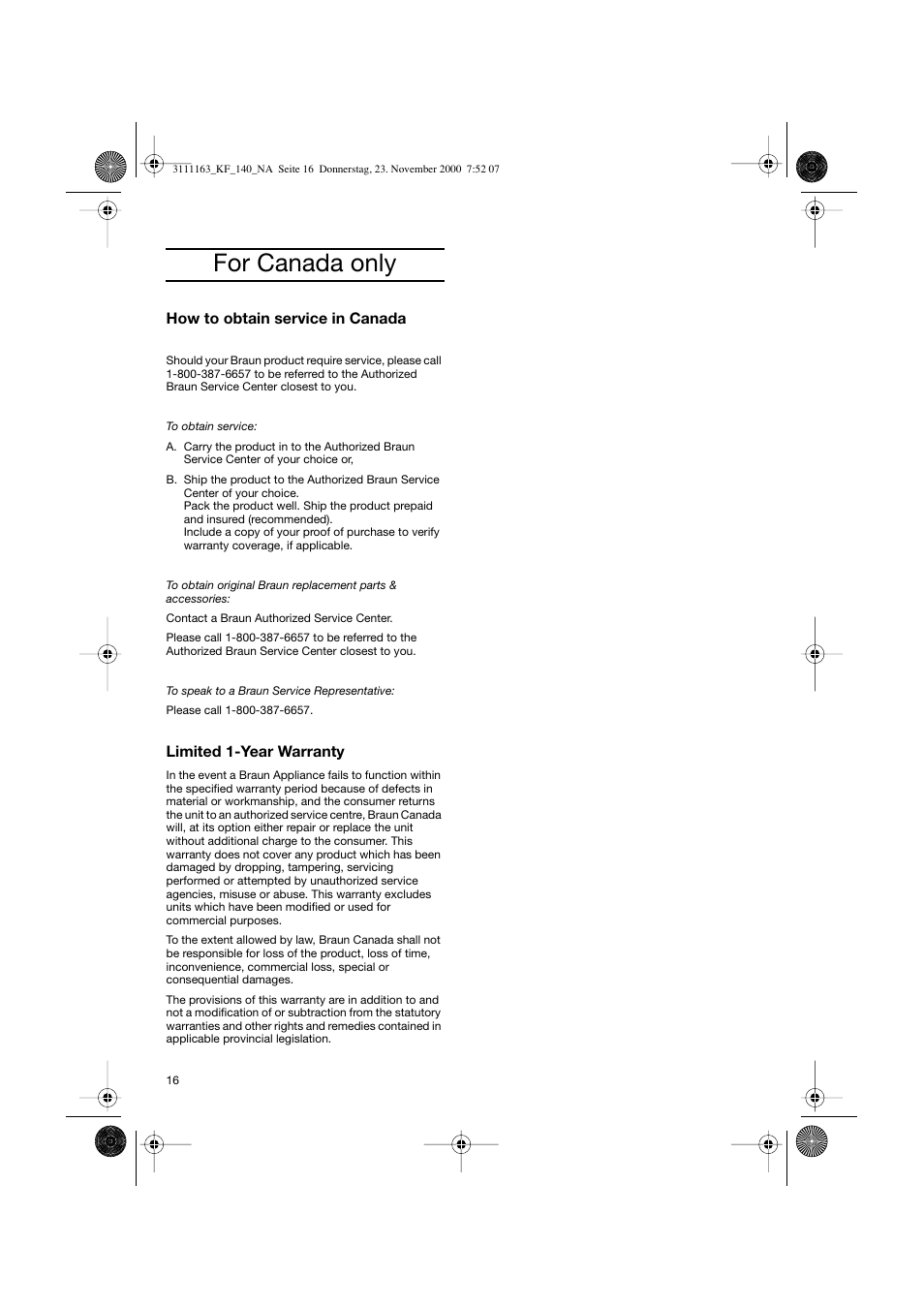 For canada only | Braun 3111 User Manual | Page 16 / 18