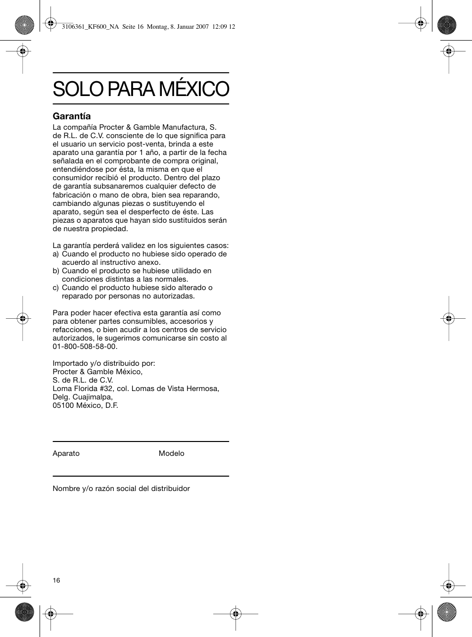Solo para méxico | Braun KF 600 User Manual | Page 16 / 16