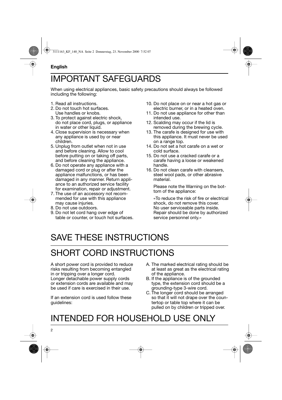 Important safeguards | Braun KF 157 User Manual | Page 2 / 18