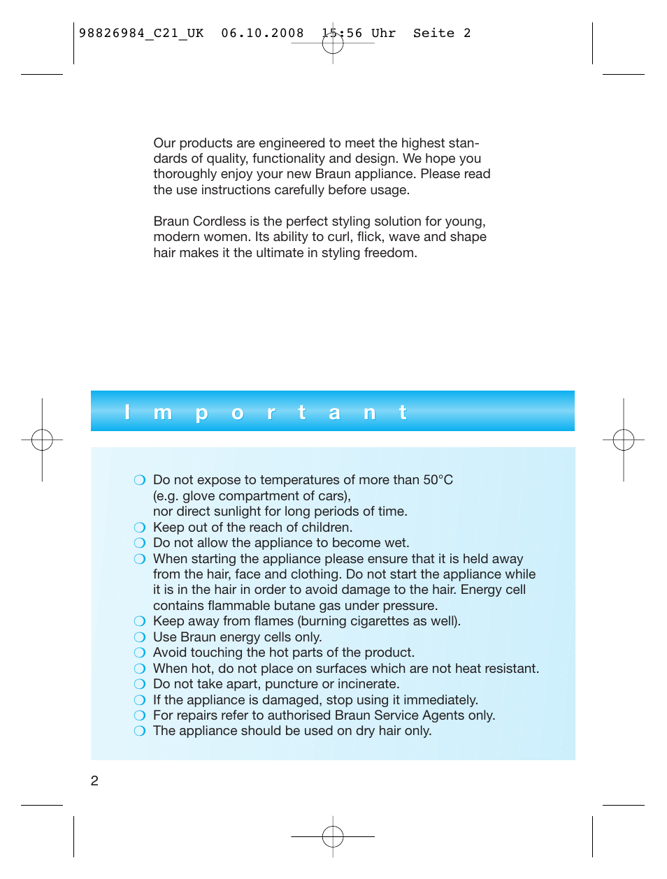 Braun CORDLESS MEDIUM STYLER C 21 User Manual | Page 2 / 7