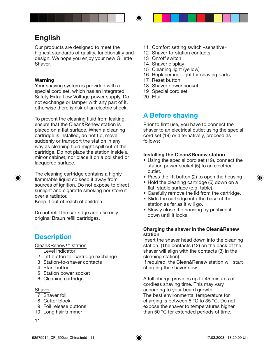 English, Description, A before shaving | Braun 590CC User Manual | Page 11 / 14