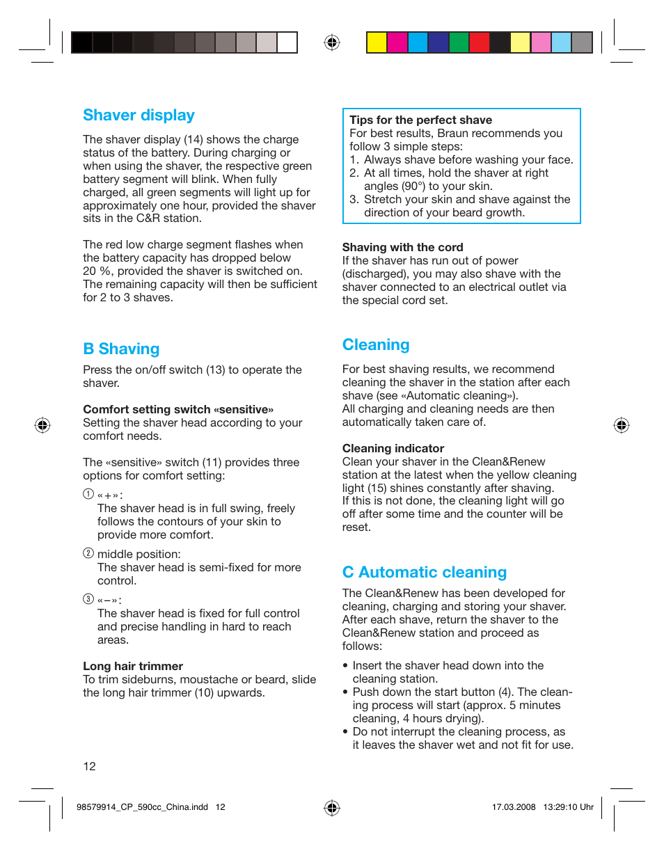 Shaver display, B shaving, Cleaning | C automatic cleaning | Braun 590CC User Manual | Page 12 / 14
