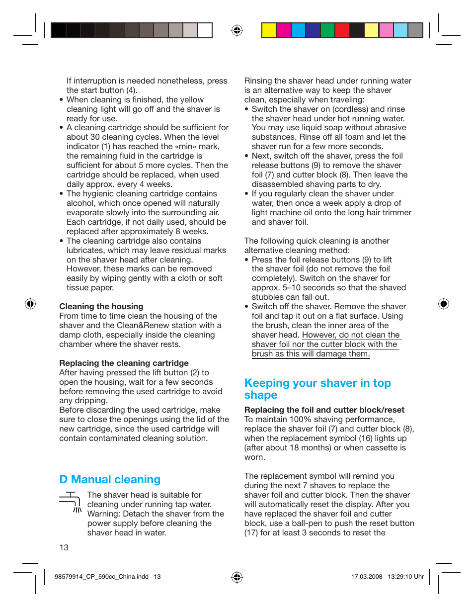 D manual cleaning, Keeping your shaver in top shape | Braun 590CC User Manual | Page 13 / 14