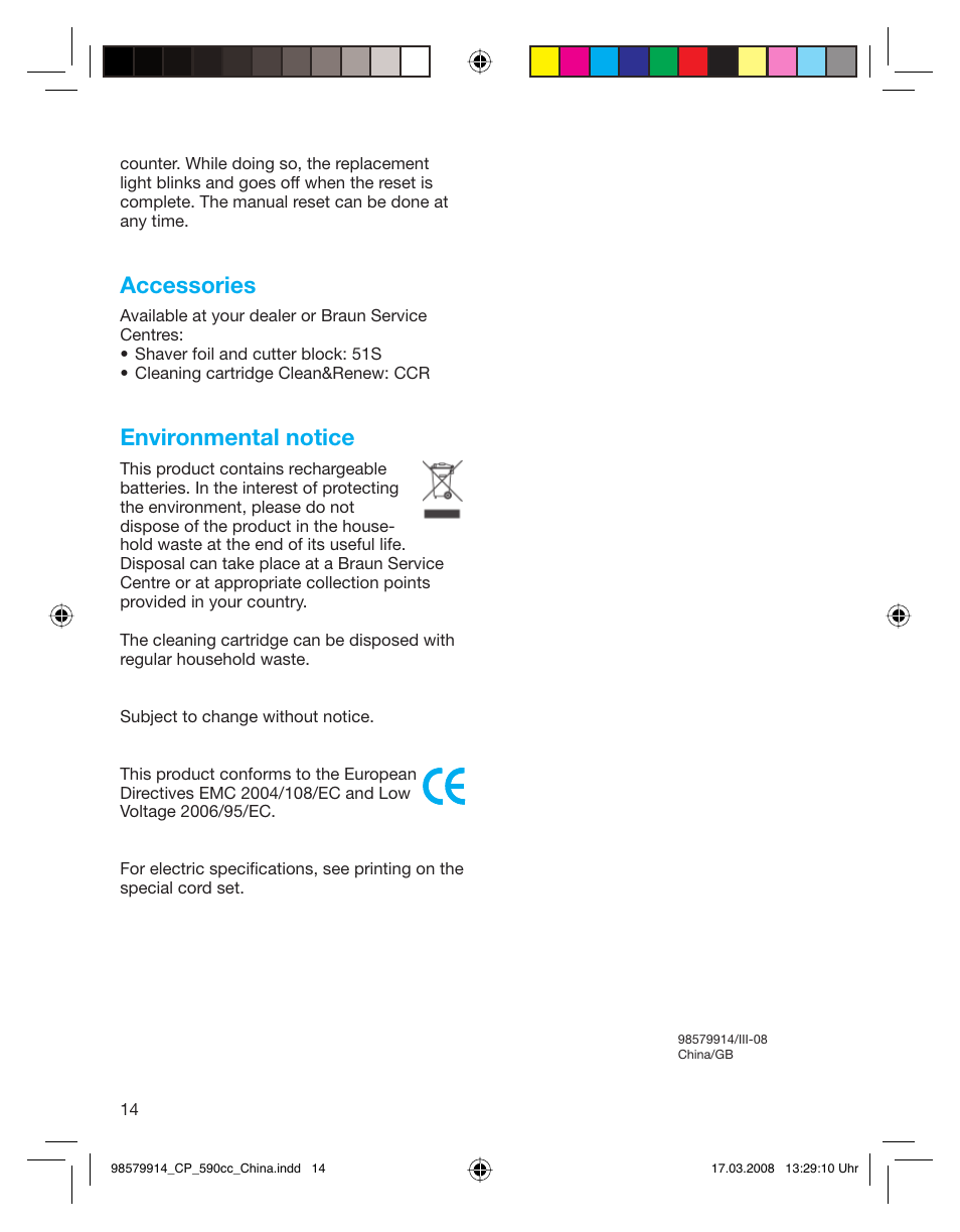 Accessories, Environmental notice | Braun 590CC User Manual | Page 14 / 14