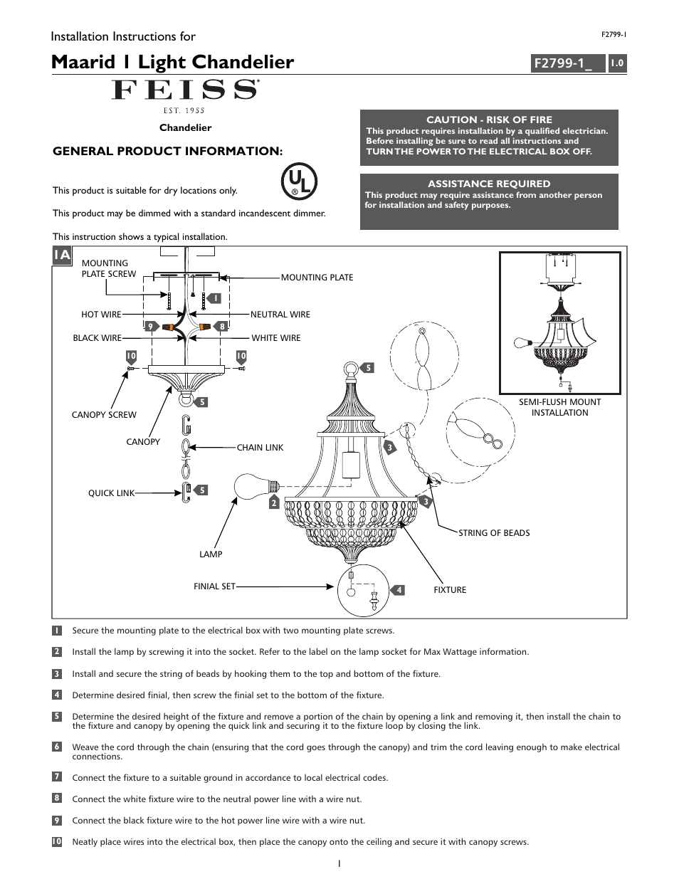 Feiss F2799-1 User Manual | 4 pages
