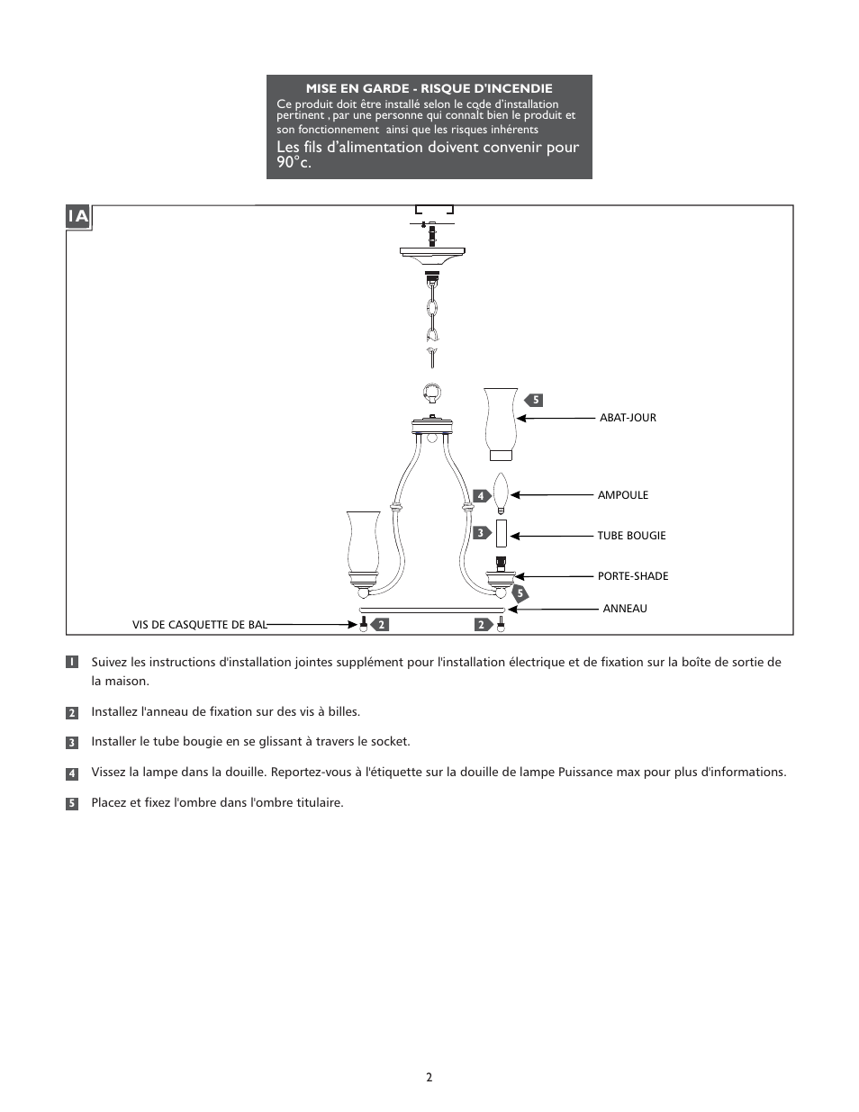 Les fils d’alimentation doivent convenir pour 90°c | Feiss F2782-3 User Manual | Page 2 / 4