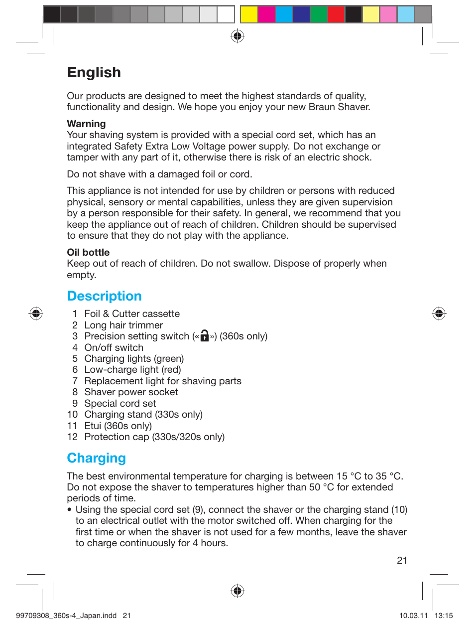 English, Description, Charging | Braun 360S-4 User Manual | Page 21 / 28