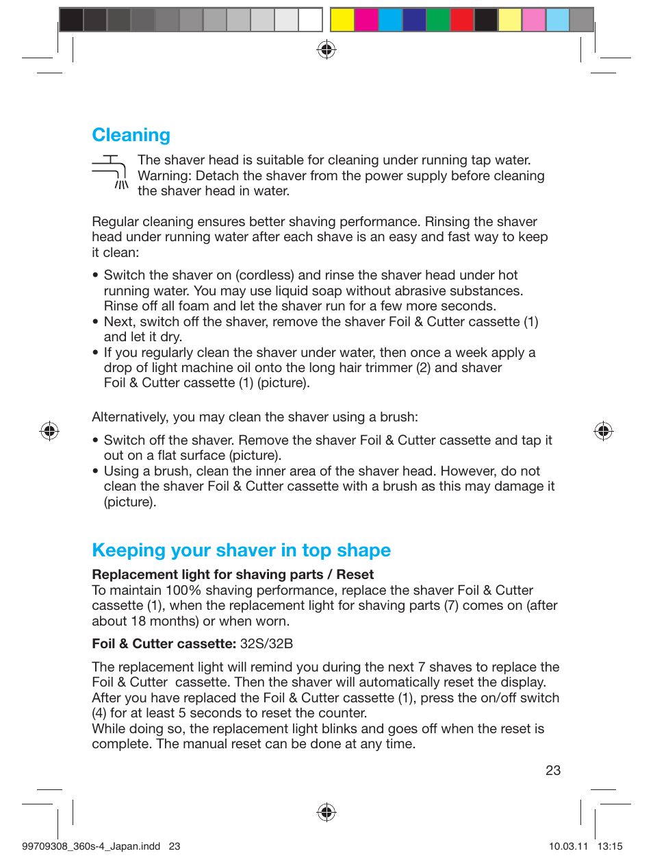 Cleaning, Keeping your shaver in top shape | Braun 360S-4 User Manual | Page 23 / 28