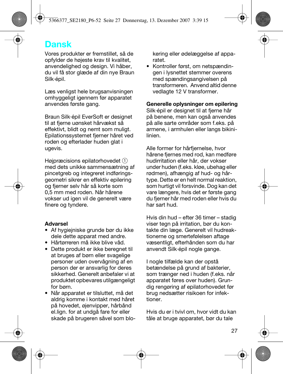 Dansk | Braun 2180 User Manual | Page 26 / 46