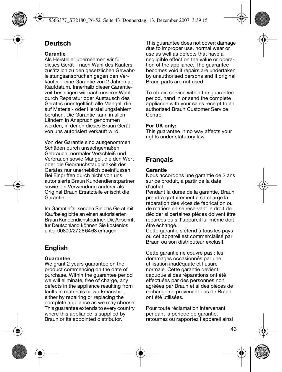 Deutsch, English, Français | Braun 2180 User Manual | Page 42 / 46