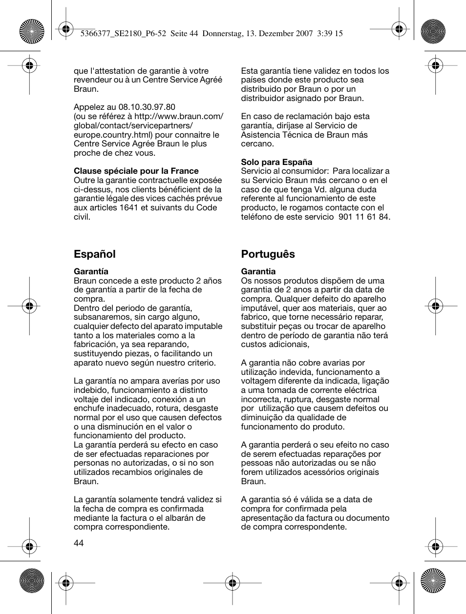 Español, Português | Braun 2180 User Manual | Page 43 / 46