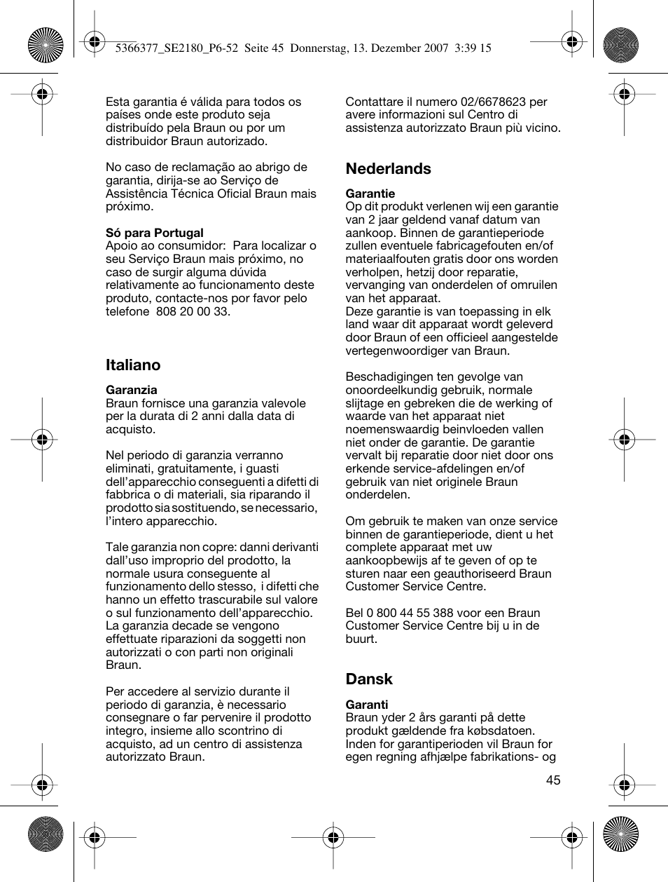 Italiano, Nederlands, Dansk | Braun 2180 User Manual | Page 44 / 46