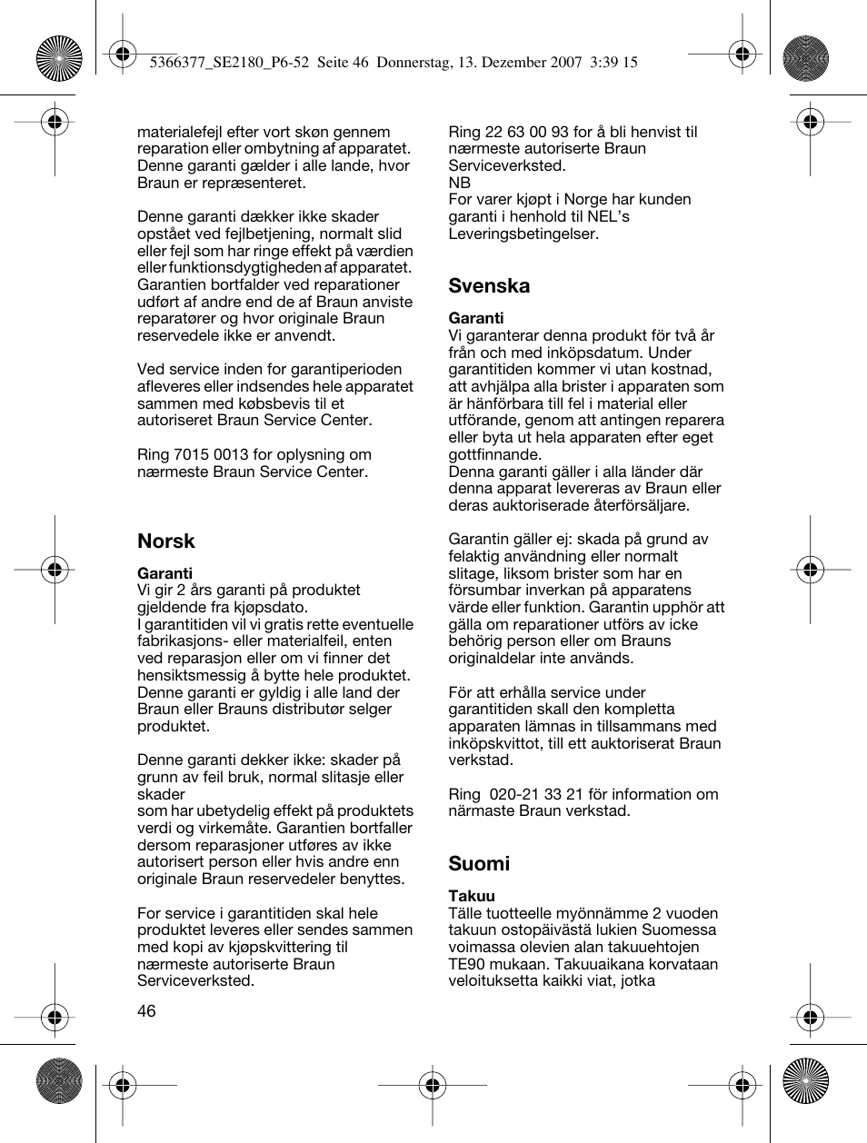 Norsk, Svenska, Suomi | Braun 2180 User Manual | Page 45 / 46