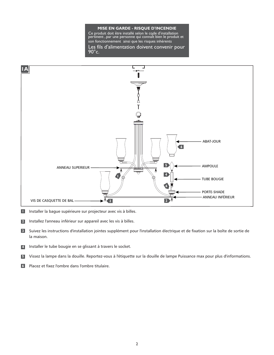 Les fils d’alimentation doivent convenir pour 90°c | Feiss F2785-3+6 User Manual | Page 2 / 4