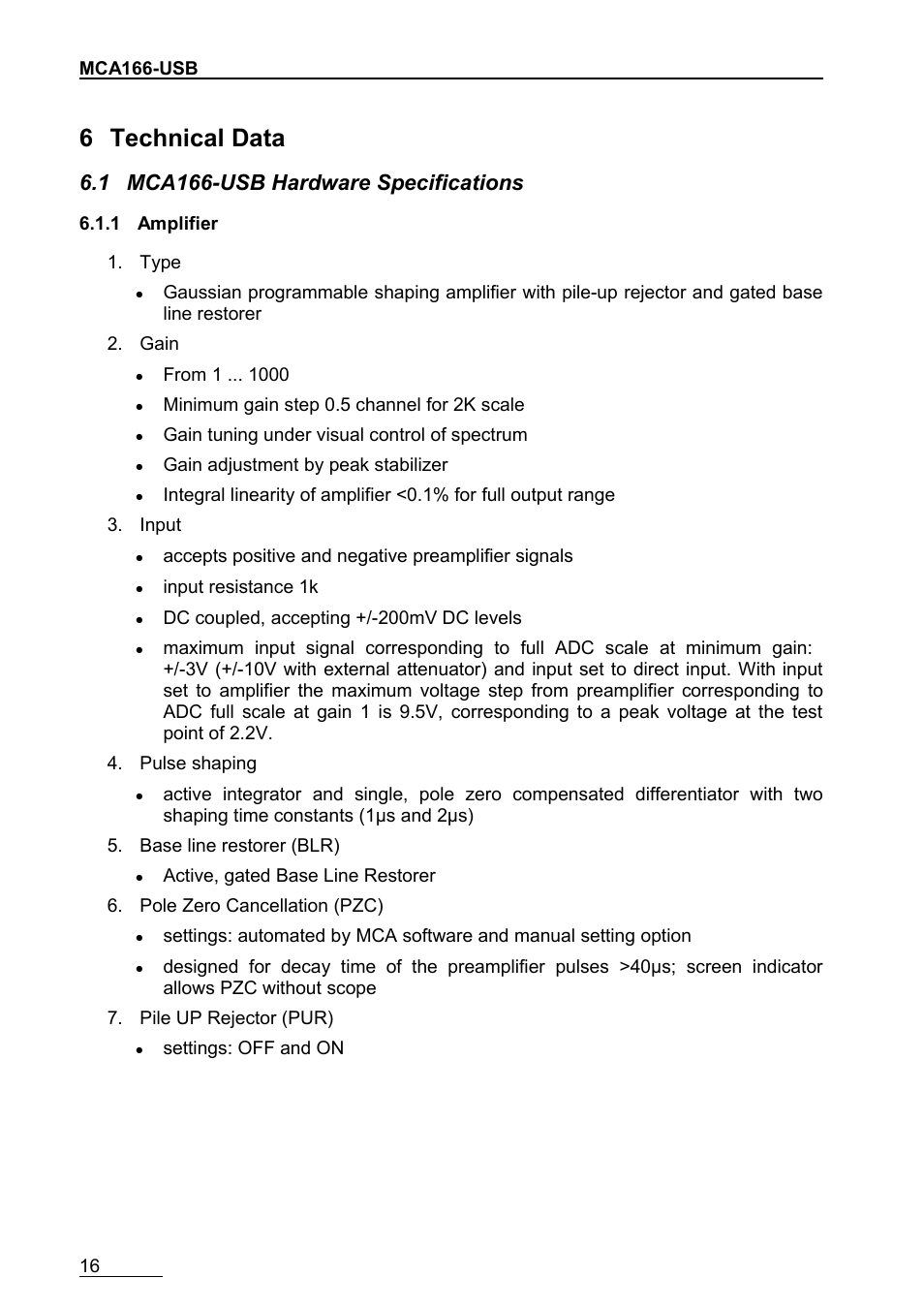 6technical data, 1mca166-usb hardware specifications, 1amplifier | 6 technical data, 1 mca166-usb hardware specifications | GBS Elektronik MCA166-USB User Manual | Page 16 / 72