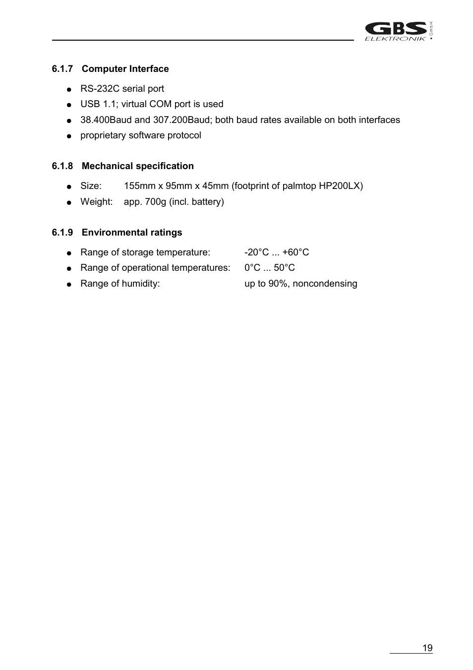 7computer interface, 8mechanical specification, 9environmental ratings | GBS Elektronik MCA166-USB User Manual | Page 19 / 72