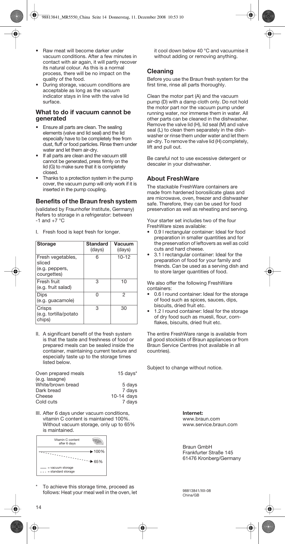 What to do if vacuum cannot be generated, Benefits of the braun fresh system, Cleaning | About freshware | Braun MULTIQUICK MR 5550 M CAV User Manual | Page 14 / 14