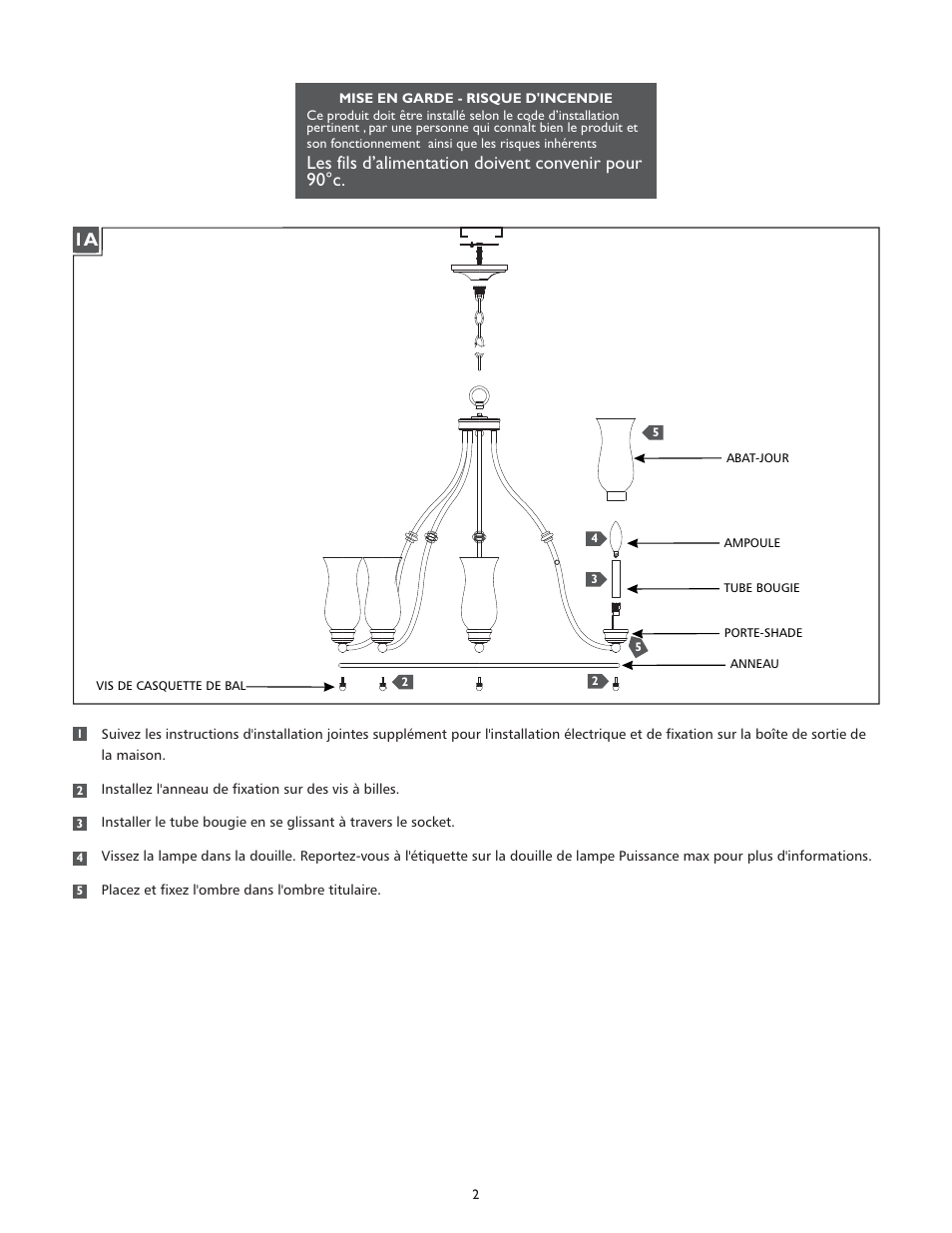 Les fils d’alimentation doivent convenir pour 90°c | Feiss F2784-8 User Manual | Page 2 / 4