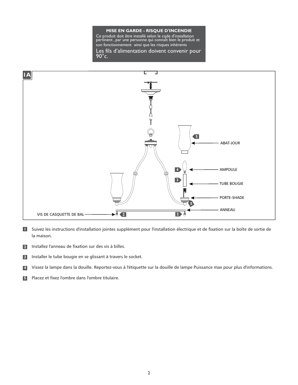 Les fils d’alimentation doivent convenir pour 90°c | Feiss F2783-5 User Manual | Page 2 / 4