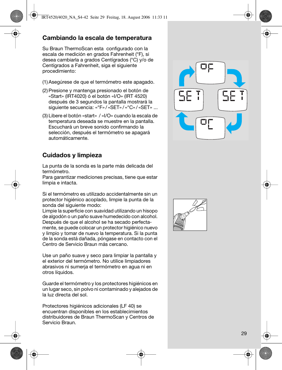 Cambiando la escala de temperatura, Cuidados y limpieza | Braun ThermoScan IRT 4520 User Manual | Page 29 / 42