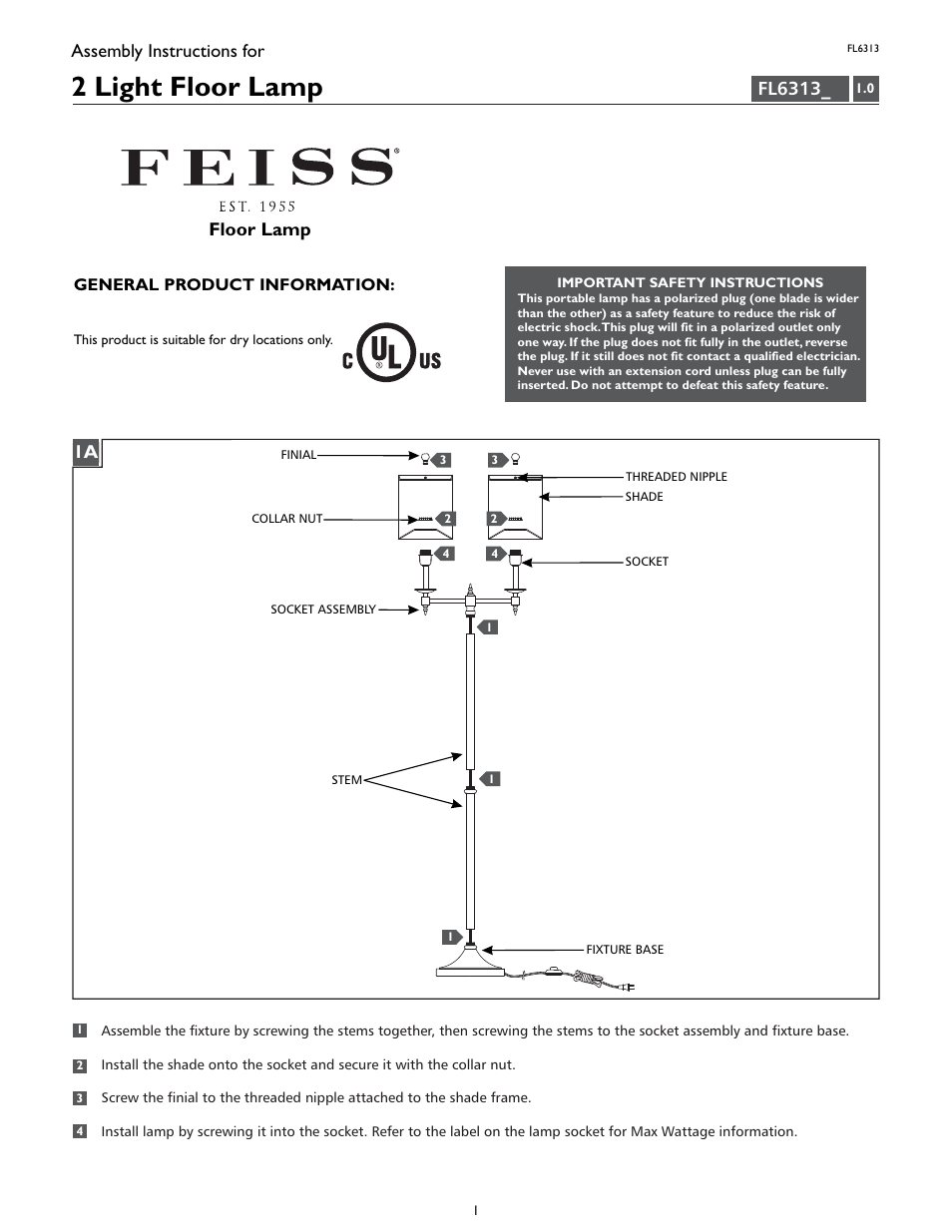 Feiss FL6313 User Manual | 4 pages