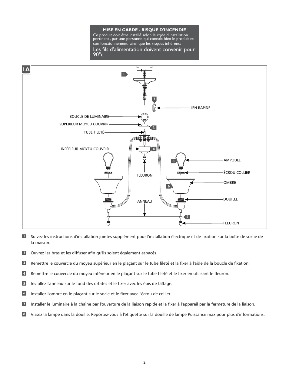 Les fils d’alimentation doivent convenir pour 90°c | Feiss F2829-5 User Manual | Page 2 / 4
