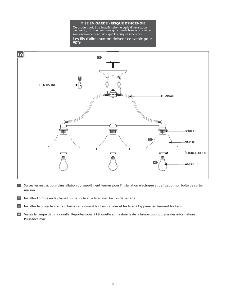 Les fils d’alimentation doivent convenir pour 90°c | Feiss F2779-3 User Manual | Page 2 / 4