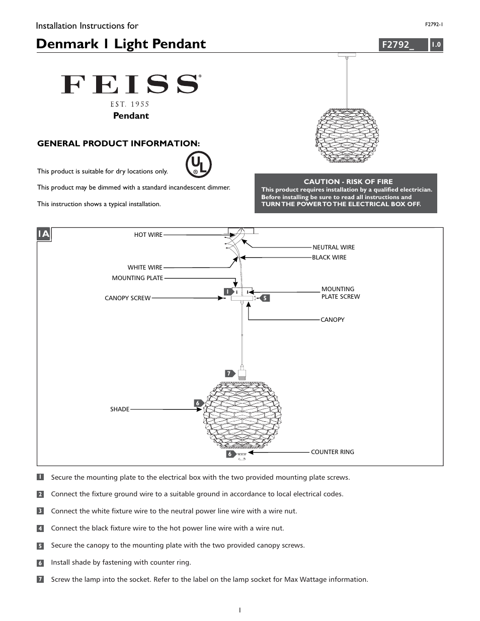 Feiss F2792-1 User Manual | 4 pages