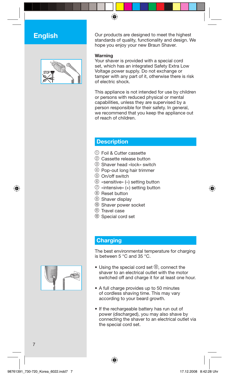 English, Description 1, Charging | Braun 730 User Manual | Page 7 / 10