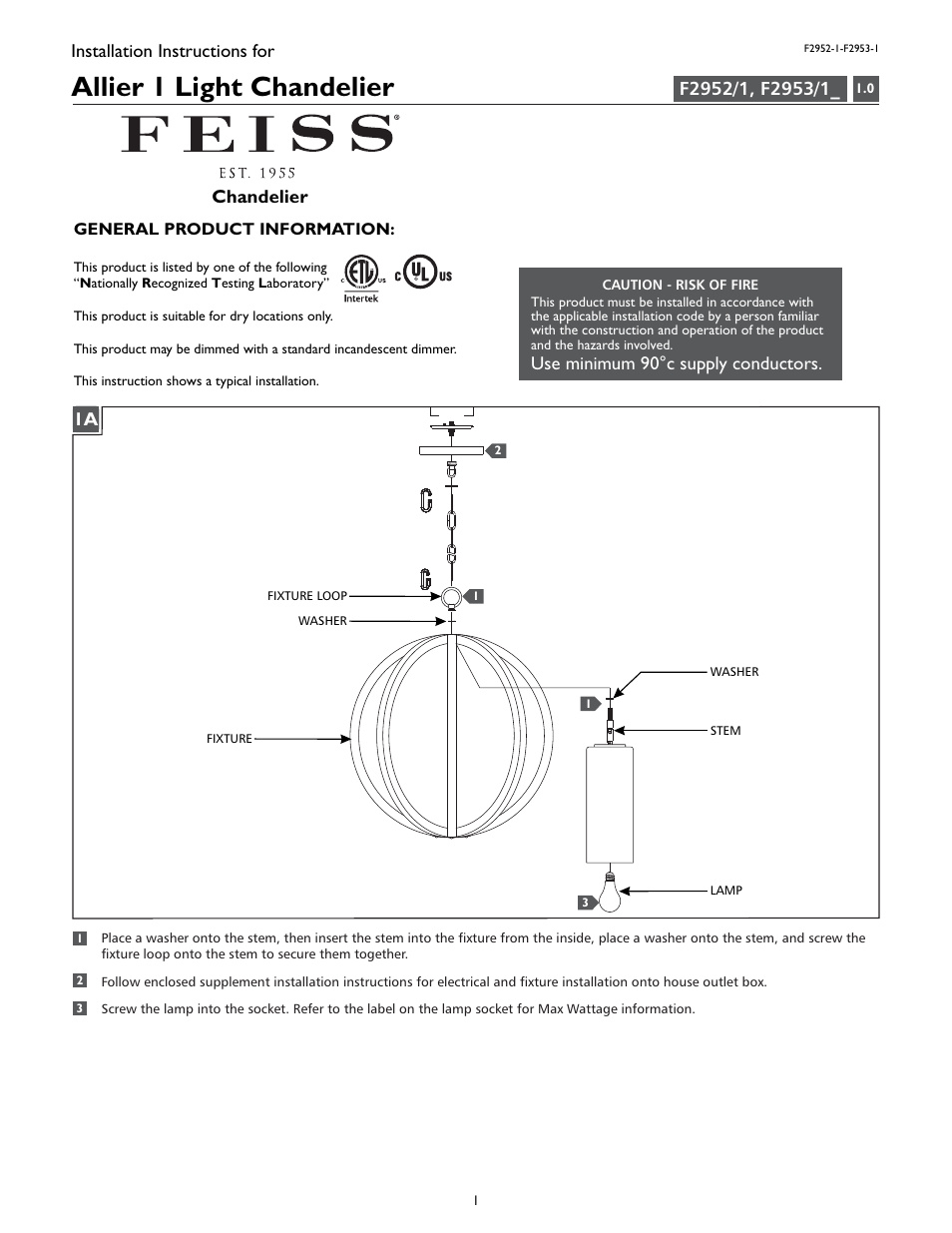 Feiss F2953-1 User Manual | 4 pages