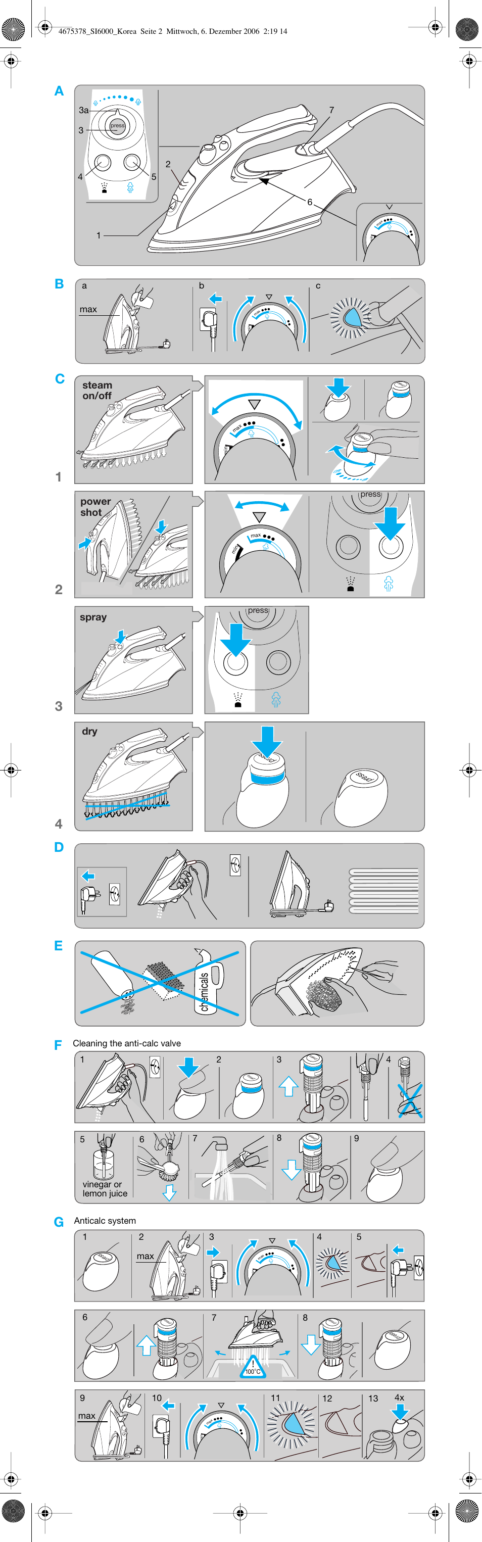 Bd e a, Chemicals, Spray | Steam on/off, Power shot | Braun SI 6550 User Manual | Page 2 / 5