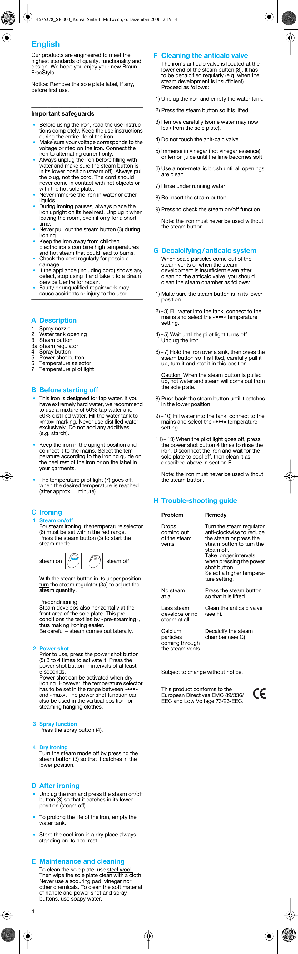 English, A description, B before starting off | C ironing, D after ironing, E maintenance and cleaning, F cleaning the anticalc valve, G decalcifying / anticalc system, H trouble-shooting guide | Braun SI 6550 User Manual | Page 4 / 5