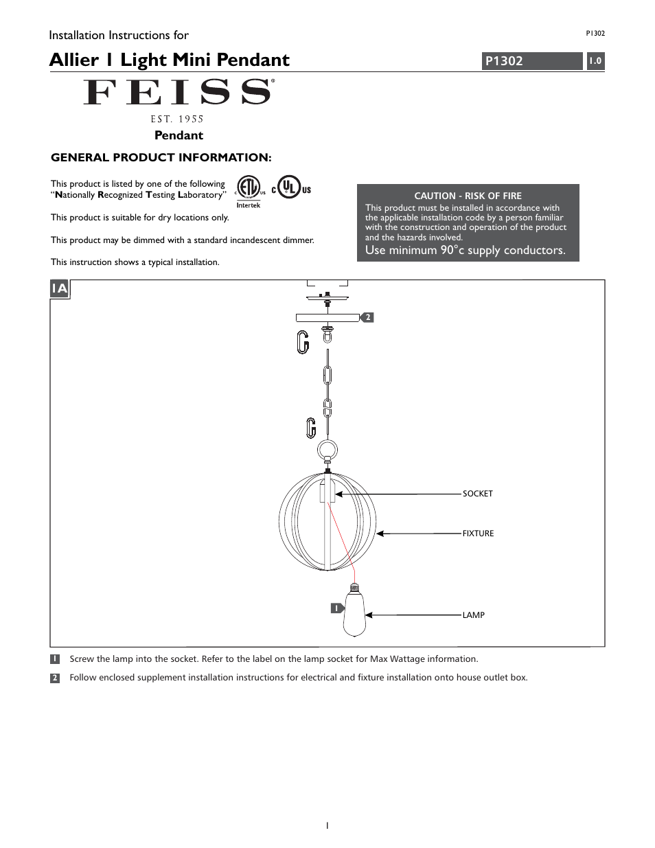 Feiss P1302 User Manual | 4 pages