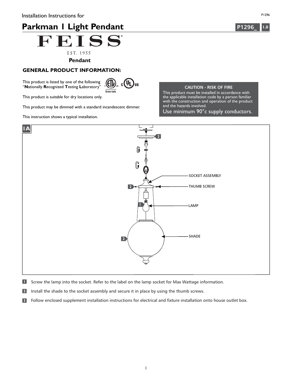 Feiss P1296 User Manual | 4 pages