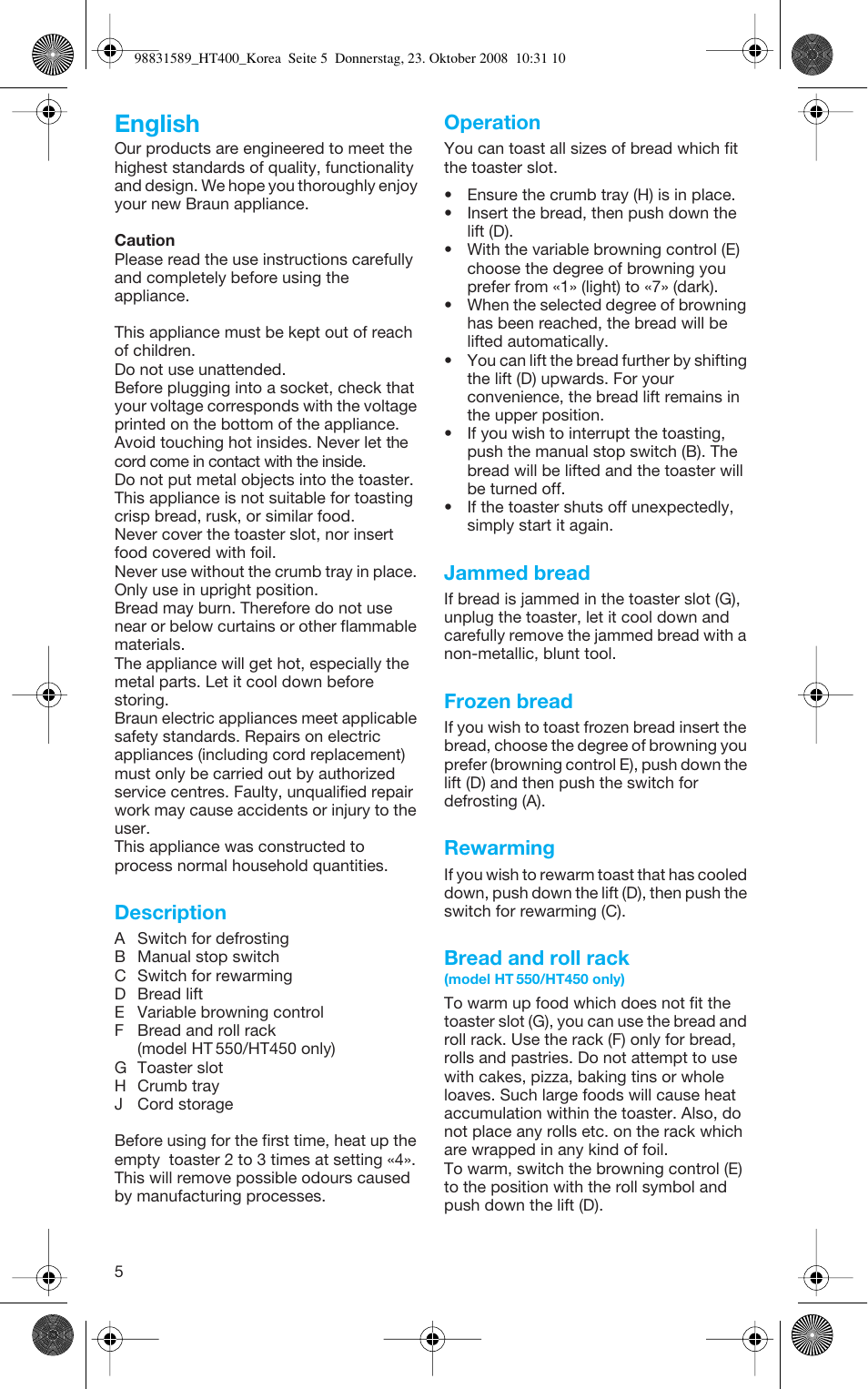 English, Description, Operation | Jammed bread, Frozen bread, Rewarming, Bread and roll rack | Braun HT450 User Manual | Page 5 / 6