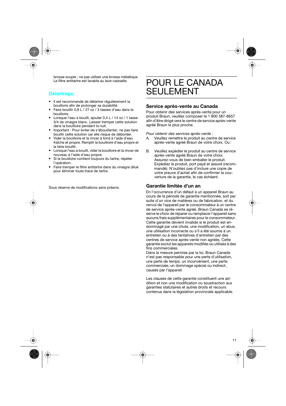 Pour le canada, Seulement | Braun Sommelier WK 600 User Manual | Page 11 / 14