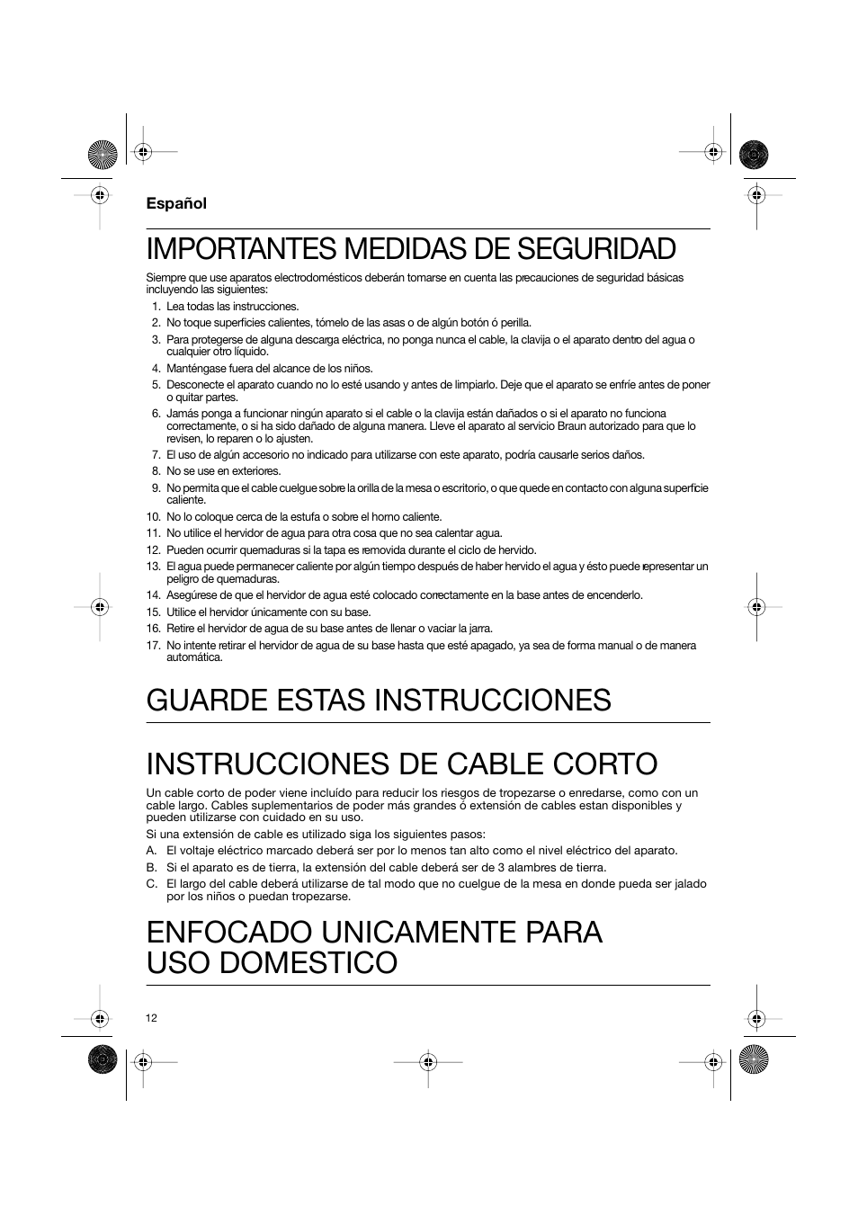 Español, Importantes medidas de seguridad, Enfocado unicamente para uso domestico | Braun Sommelier WK 600 User Manual | Page 12 / 14